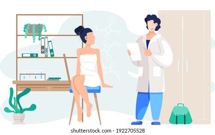 Medical consultation and support. Healthcare services. Girl in white dress or swimsuit communicates with doctor in hospital. Therapist gives recommendations to female patient vector illustration