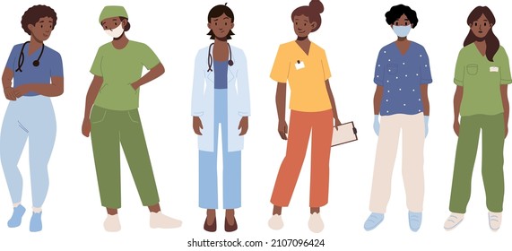 Medical consultation and support set. Diverse female doctor with face mask and stethoscope. Healthcare services, Ask a doctor. Nurse, surgeon, therapist uniform. Hospital staff. Frontline coronavirus