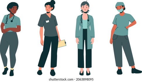 Medical consultation and support set. Female doctor with face mask and stethoscope. Healthcare services, Ask a doctor. Nurse, surgeon, therapist uniform. Medical hospital staff. Full length collection