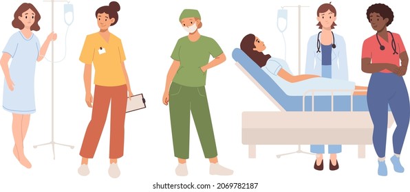 Medical consultation and support set. Female doctor with face mask and stethoscope. Healthcare services, Ask a doctor. Nurse, surgeon, therapist uniform. Medical hospital staff talking with patients