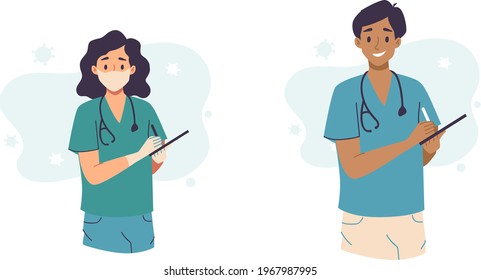 Medical consultation and support set, telemedicine. Doctor with clip board and stethoscope. Healthcare services, Ask a doctor. Nurse, Surgeon, therapist uniform. Medical hospital staff.