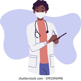 Medical consultation and support set, telemedicine. Male doctor with stethoscope in face mask. Healthcare services, Ask a doctor. Nurse, surgeon, therapist uniform. Medical hospital staff.