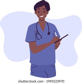 Medical consultation and support set, telemedicine. Male doctor with stethoscope. Healthcare services, Ask a doctor. Nurse, surgeon, therapist, intern uniform. Medical hospital staff.