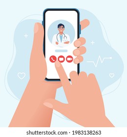 Medical consultation and treatment via application of smartphone connected internet clinic. Online doctor consultation technology in smartphone. Hand holding smartphone. Flat vector illustration