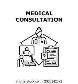 Medical Consultation Vector Icon Concept. Remote Online And Medical Consultation In Hospital Cabinet. Patient Video Call To Doctor For Examining Health And Prescription For Buy Pill Black Illustration