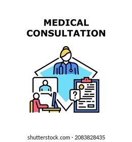 Medical Consultation Vector Icon Concept. Remote Online And Medical Consultation In Hospital Cabinet. Patient Video Call To Doctor For Examining Health And Prescription For Buy Pill Color Illustration