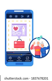 Medical consultations on the Internet. Photo processing on phone. Retired patients treated online. Poster image with human cardiovascular system and red first aid kit. Heart with cardiogram and pulse