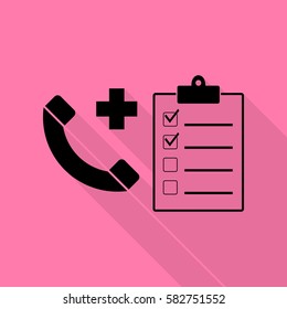 Medical consultration sign. Black icon with flat style shadow path on pink background.