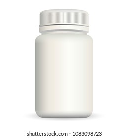 Medical container for drugs on white background. Realistic EPS10 3d vector illustration. Plastic Packaging Bottle with Cap for Cosmetics, Vitamins, Pills or Capsules.