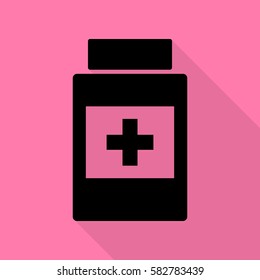 Medical container sign. Black icon with flat style shadow path on pink background.