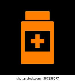 Medical container sign. Orange icon on black background.