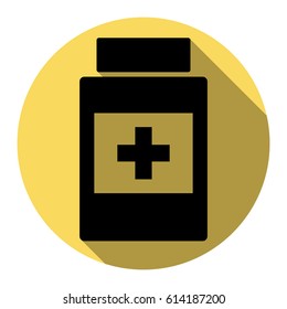Medical container sign. Vector. Flat black icon with flat shadow on royal yellow circle with white background. Isolated.