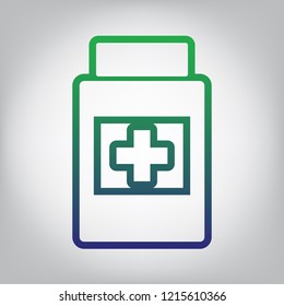 Medical container sign. Vector. Green to blue gradient contour icon at grayish background with light in center.