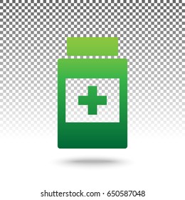 Medical container sign. Vector. Green gradient icon with shadow at bottom on transparent and white background.