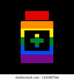 Medical container sign. Vector. Icon with colors of LGBT flag at black background.