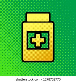 Medical container sign. Vector. Pop art orange to yellow dots-gradient icon with black contour at greenish background.