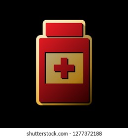 Medical container sign. Vector. Red icon with small black and limitless shadows at golden sticker on black background.