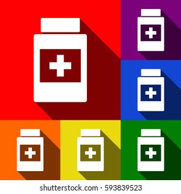 Medical container sign. Vector. Set of icons with flat shadows at red, orange, yellow, green, blue and violet background.
