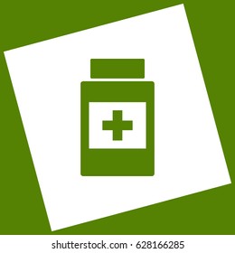 Medical container sign. Vector. White icon obtained as a result of subtraction rotated square and path. Avocado background.