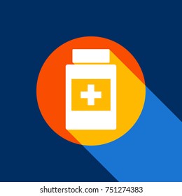 Medical container sign. Vector. White icon on tangelo circle with infinite shadow of light at cool black background. Selective yellow and bright navy blue are produced.