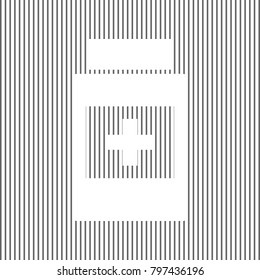 Medical container sign. Vector. White icon on grayish striped background. Optical illusion.