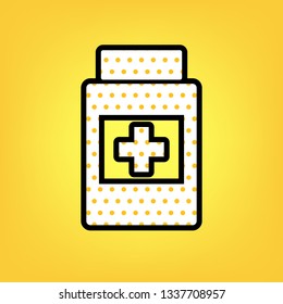 Medical container sign. Vector. Yellow polka dot white icon with black contour at warm yellow background.