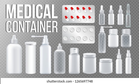 Medical Container Vector. Spray, Pills, Drugs, Bottle With Cap. Pharmaceutical Medicament Packaging. Pharma Branding Design. Clean Empty Product Mockup Template. Isolated Realistic Illustration

