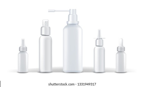 Medical Container Vector. Spray Runny Nose. White Plastic Bottle Mockup. Branding Design. Health. White Can. Isolated Realistic Illustration