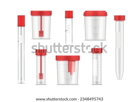 Medical containers for assembling human biomaterial transparent plastic can with red cap set realistic vector illustration. Closed disposable medicine sterile jar for blood urine laboratory analysis
