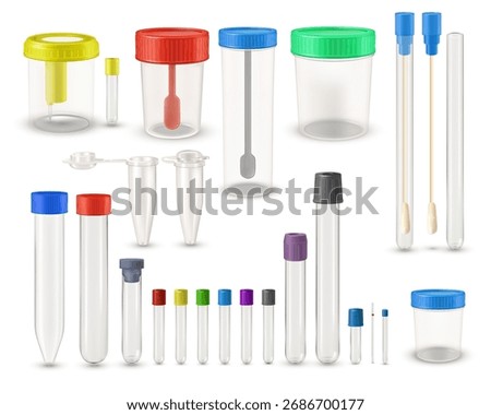 Medical containers for assembling human biomaterial. Realistic empty transparent test tubes vector set. Closed disposable medicine sterile jar for blood, urine and stool laboratory analysis diagnostic