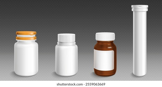 Conjunto de maqueta de contenedores médicos. Tarros plásticos del suplemento del Vector 3D con diversos casquillos y el recipiente alto del tubo. Embalaje farmacéutico blanco y ámbar con tapa y etiqueta en blanco. Plantilla del frasco del medicamento.