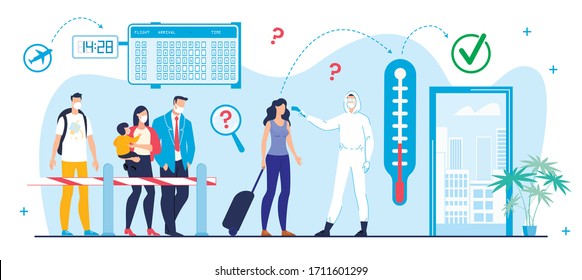 Medical Control Service at Airport Hall. Diagnostic for Passenger at Terminal. Social Distance at Arrival Departure. Man on Chemical Resist Suit Checking Temperature. Novel Coronavirus Outbreak