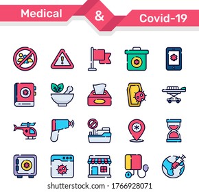 medical and corona virus colored line icons set