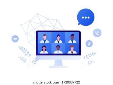 Medical council and online doctor teleconference concept. Vector flat person illustration. Group of male and female multi-ethnic team of medic on computer monitor screen. Design for health care.