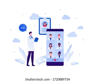 Medical council and online doctor teleconference concept. Vector flat person illustration. Man talking with group of male and female multi-ethnic team on smart phone screen. Design for health care.