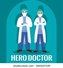 La pareja médica apoya el verde del héroe con el afiche del cabo - Vector