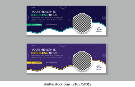 Medical Cover Design Template Set, Corporate Business Social Media Design With  Cyan And Yellow Color, Web Banner Design Template With Dark Blue And Purple Background, Health Care Cover Page Design