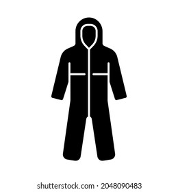 Medical coveralls black glyph icon. Protective wear from dangerous contamination. Suit for laboratory. Quarantine safety. Disposable PPE. Silhouette symbol on white space. Vector isolated illustration