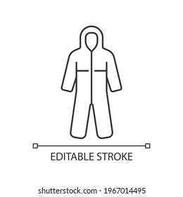 Medical coveralls linear icon. Protective wear from dangerous contamination. Suit for laboratory. Thin line customizable illustration. Contour symbol. Vector isolated outline drawing. Editable stroke