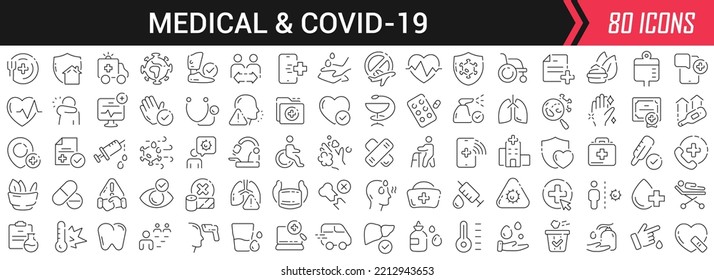 Medical and covid-19 linear icons in black. Big UI icons collection in a flat design. Thin outline signs pack. Big set of icons for design