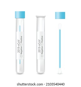 Medical Covid-19 smear swab test mockup with shown separately tube, cotton swab and screw cap, realistic vector illustration isolated on white background.