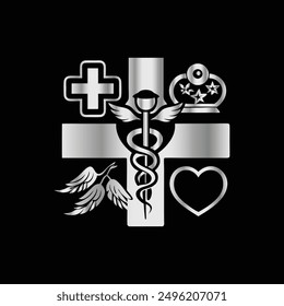 Medical Cross and Caduceus Symbol on Black Background. Vector illustration.
