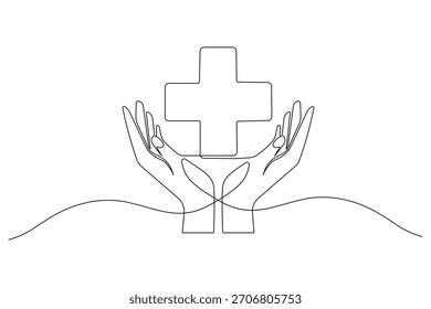 Cruz médica em mãos carinhosas contínua arte de linha única e fundo branco