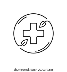 Medical Cross In Circle Of Herbal Plants Isolated Outline Icon. Vector Beauty And Spa Salon Emblem, Health Care And Massage Therapy, Emergency Ambulance Sign, Pharmacy Hospital, Medical Assistance