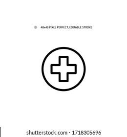 Medical Cross In Circle Simple Black Line Web Icon Vector Illustration. Editable Stroke. 48x48 Pixel Perfect.