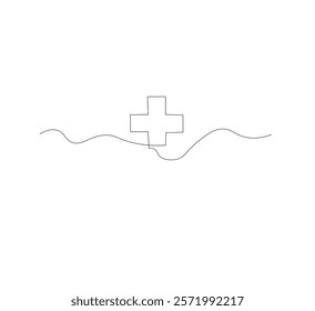 Medical cross continuous line drawing, white background, Line art. Plus sign. Logo icon concept. Vector illustration.