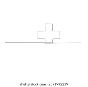 Medical cross continuous line drawing, white background, Line art. Plus sign. Logo icon concept. Vector illustration.