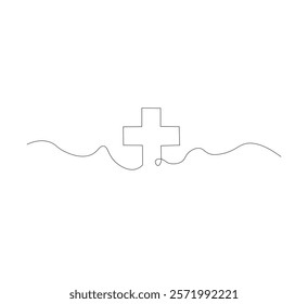 Medical cross continuous line drawing, white background, Line art. Plus sign. Logo icon concept. Vector illustration.