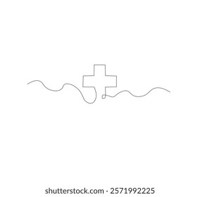 Medical cross continuous line drawing, white background, Line art. Plus sign. Logo icon concept. Vector illustration.