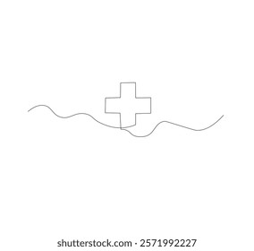 Medical cross continuous line drawing, white background, Line art. Plus sign. Logo icon concept. Vector illustration.